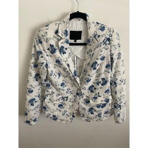 Blue Floral Toile Print Single Button Blazer Jacket White Size 38/28